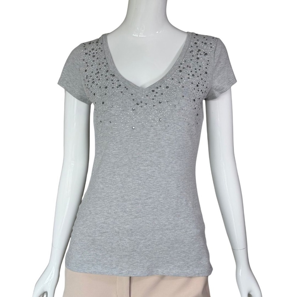 Cache Grey Rhinestone Studded Short Sleeve Tee With Ruched Sides Size Medium - Picture 3 of 7